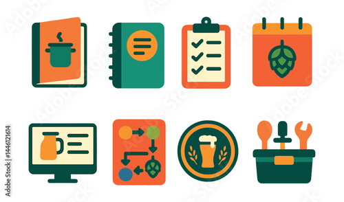 Flat vector icons of homebrewing support: recipe book icon, batch log notebook, sanitation checklist, hop schedule calendar, brewing software screen, ingredient substitution chart, brewing club badge