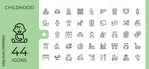 Childhood icon set. Contains related to kindergarten, toy, children and more. Minimal linear icons. Children related modern icon. Editable vector art and illustration.