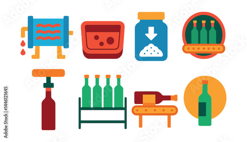 Flat vector icons of wine clarification and bottling: wine filter icon, sediment removal tray, fining agent jar, bottling line badge, corking tool, wine bottle rack, labeling station, sealed bottle
