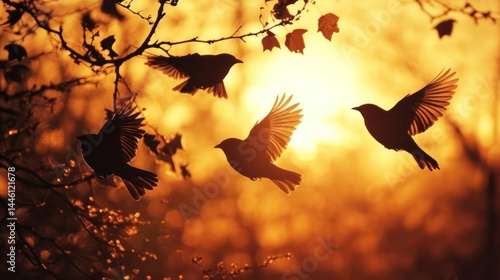 Birds in flight at sunset