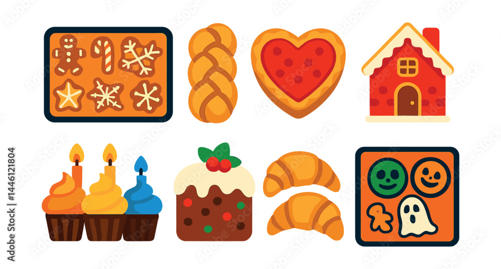 Flat vector icons of festive baked goods: holiday cookies tray, braided Easter bread, heart-shaped Valentine tart, gingerbread house icon, birthday cupcakes, Christmas fruitcake, crescent-shaped Flat vector icons of festive baked goods: holiday cookies tray, braided Easter bread, heart-shaped Valentine tart, gingerbread house icon, birthday cupcakes, Christmas fruitcake, crescent-shaped