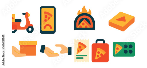 Flat vector icons of pizza ordering and delivery: pizza delivery scooter, pizza tracker app, delivery box icon, fresh out of oven badge, contactless handoff, order receipt, hot bag with pizza, pizza