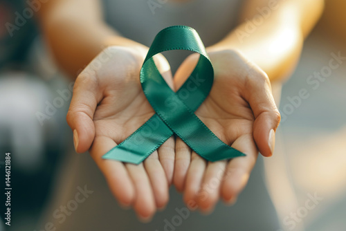 In honor of world mental health day and to raise awareness for cervical, kidney cancer, and lymphoma, the womans hands are adorned with the green ribbon symbol   
