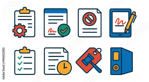 Flat vector icons of freelance contracts and legal tools: service agreement icon, contract terms sheet, NDA document, digital signature icon, clause checklist, contract expiration notice, legal