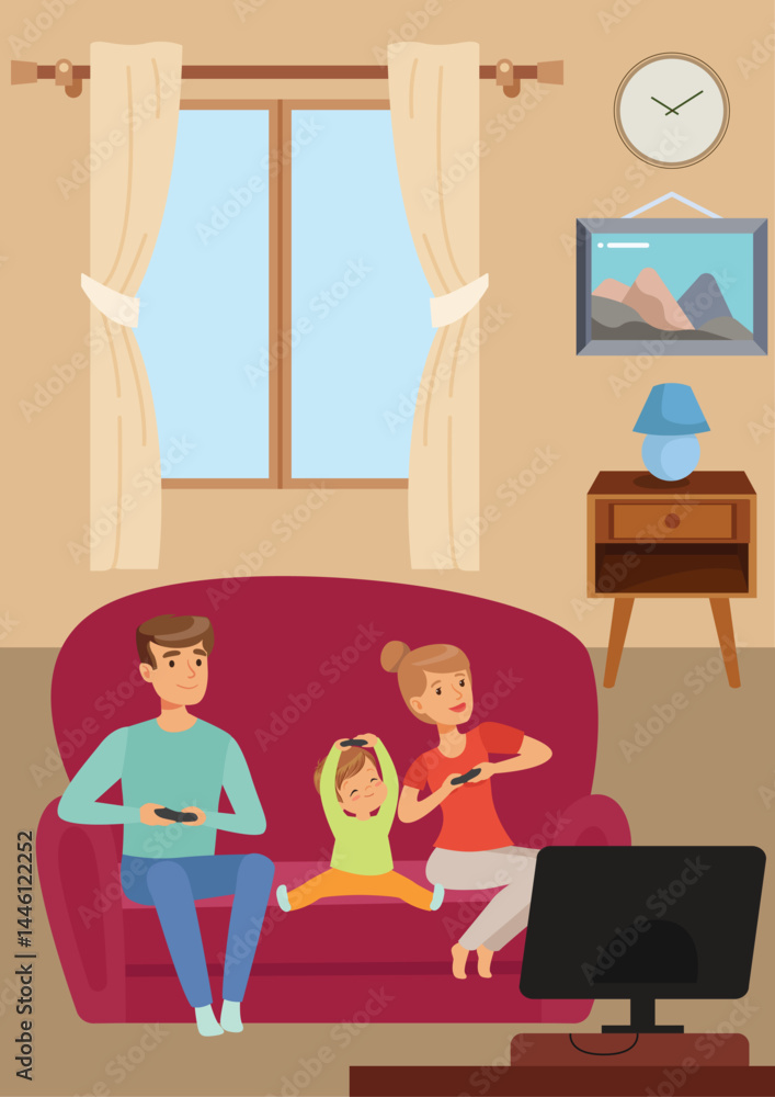 Vector Illustration of Three Families Having Fun on the Sofa with Their Beloved Son Vector Illustration of Three Families Having Fun on the Sofa with Their Beloved Son
