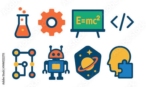 Flat vector icons of STEM education visuals: science experiment tube, engineering gear icon, math formula board, coding brackets, circuit diagram icon, robot building kit, space learning badge,