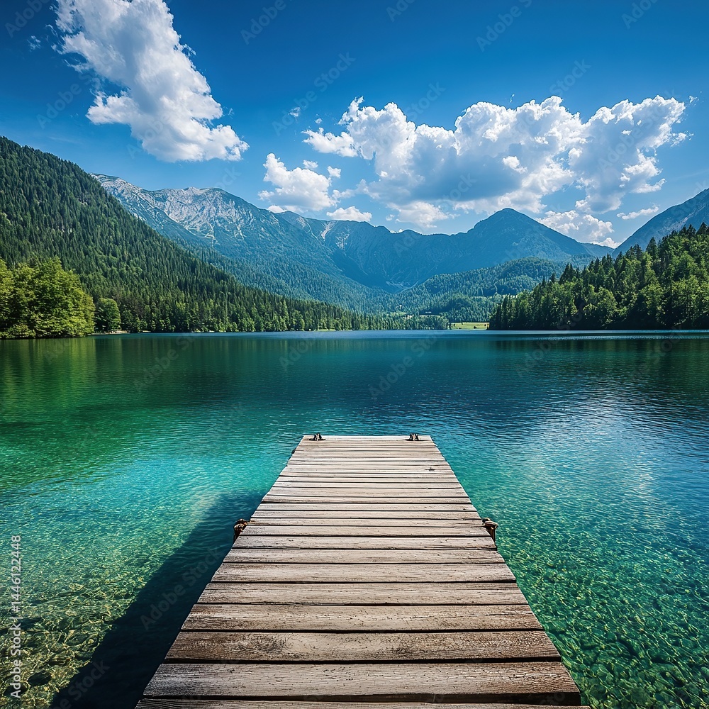 Wooden dock, lake, and mountains in the background, blue sky with white clouds, clear water surface Wooden dock, lake, and mountains in the background, blue sky with white clouds, clear water surface