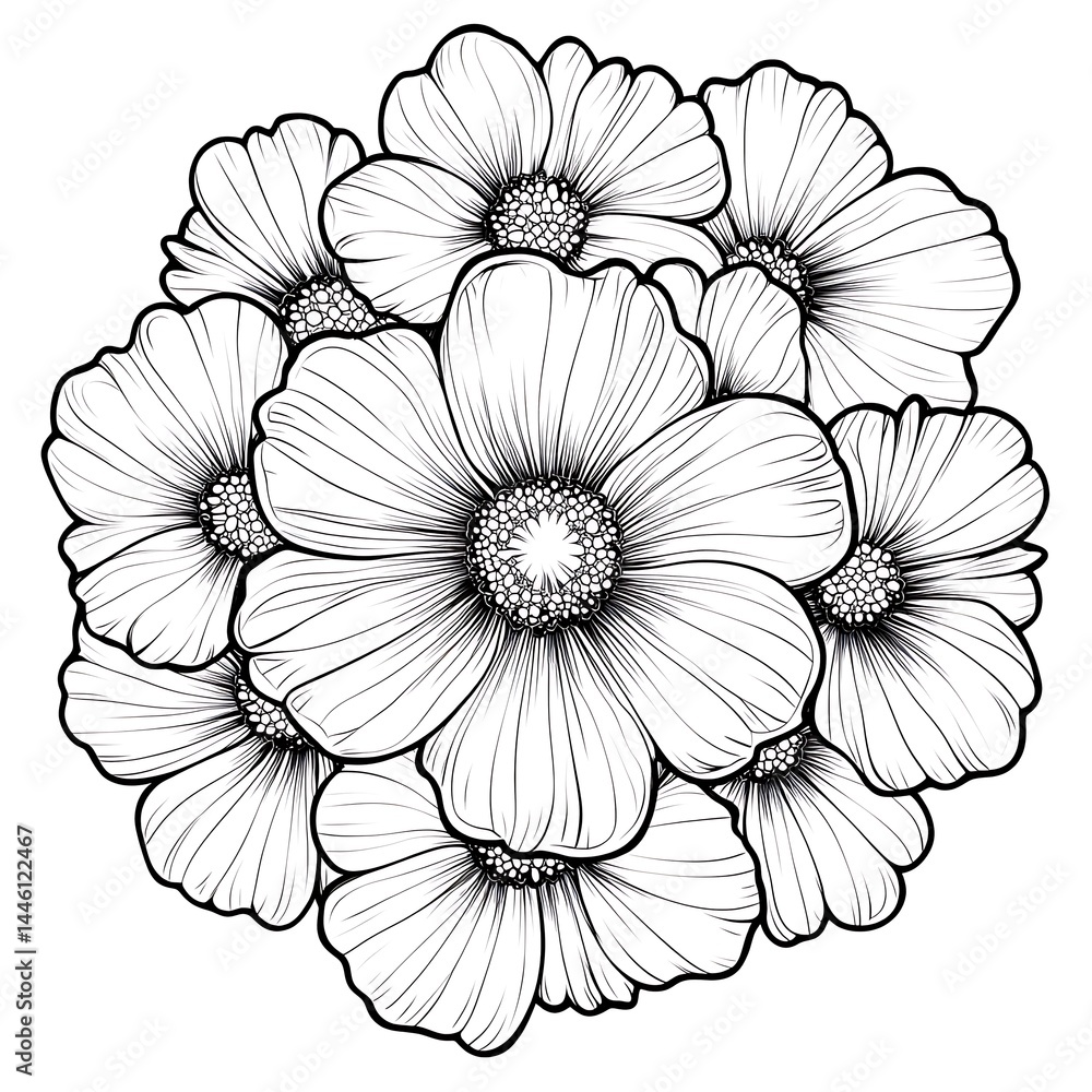 Detailed botanical marigold flower sketch design for printable art sheets, creative mindfulness coloring, and DIY crafts Detailed botanical marigold flower sketch design for printable art sheets, creative mindfulness coloring, and DIY crafts