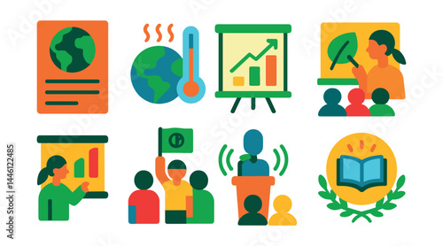 Flat vector icons of climate education and outreach: climate fact poster, global warming thermometer, infographic board, school eco-lesson icon, youth climate club, podcast on sustainability, public