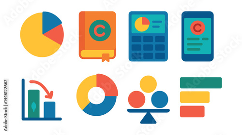 Flat vector icons of keto macro tracking: fat-protein-carb ratio pie, keto logbook icon, macro calculator card, carb tracking app, fiber vs net carbs chart, keto percentage wheel, macro balance goal,