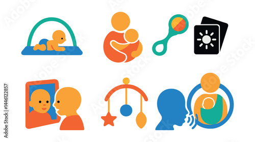 Flat vector icons of bonding and stimulation: tummy time mat, cuddle wrap icon, soft rattle toy, high-contrast flashcards, mirror play icon, baby talk symbol, sensory mobile, kangaroo care badge.