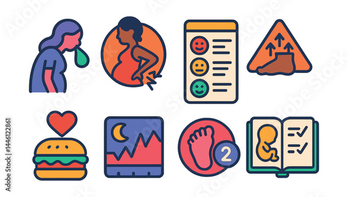 Flat vector icons of pregnancy symptoms and tracking: morning sickness icon, back pain badge, mood tracker card, swelling alert, craving tracker, sleep pattern chart, kicks counter icon, baby