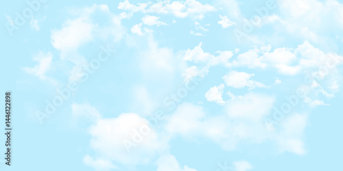 soft, pastel sky background with fluffy, white cumulus clouds scattered across a bright light blue sky.The clouds should have a painterly or watercolor effect