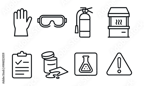 Line style icons of lab safety: glove icon, eye protection, fire extinguisher, fume hood, safety protocol, spill kit, lab signage, warning label.