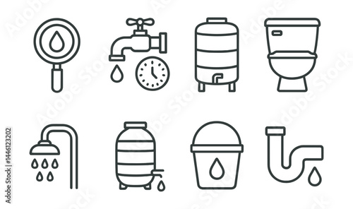 Line style icons of water conservation: drip check, faucet timer, water tank, dual flush, low-flow shower, rain barrel, wash bucket, leak icon.
