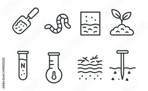 Line style icons of soil health: compost scoop, earthworm icon, soil texture, organic matter, nutrient test, mulch layer, soil thermometer, aeration spike.