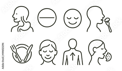 Line style icons of intuitive food habits: trust hunger, full stop, eat with intention, no guilt plate, satisfied smile, inner signal, body lead, pleasure bite.