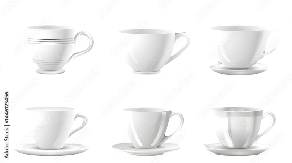 A collection of six white teacups and saucers arranged in a grid on a transparent background studio shot A collection of six white teacups and saucers arranged in a grid on a transparent background studio shot