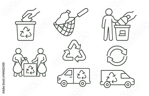 Line style icons of recycling efforts: bin sorting, plastic cleanup, e-waste drop, bottle return, recycling drive, recycle label, pickup van, material loop.
