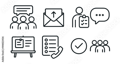 Line style icons of volunteer communication: group text, update email, role briefing, chat bubble, message board, call list, status icon, group signal.