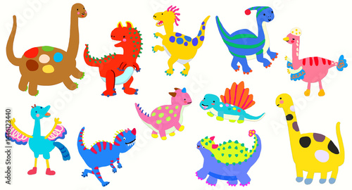 Fototapeta Naklejka Na Ścianę i Meble -  Cute dinosaurs set. Colorful hand drawn doodle dinosaurs. character design for kid . emboss textured  style . for playful , print, clothes, poster, education, edutainment.  transparent background . 