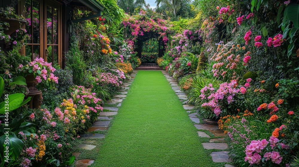 Fototapeta premium Lush Garden Pathway Surrounded by Vibrant Flowers in Bloom