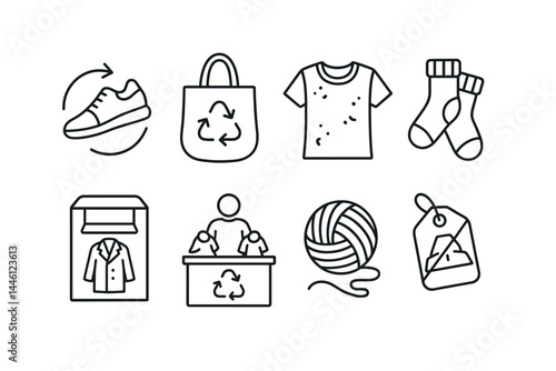 Line style icons of textile and clothing recycling: shoe return, fabric bag, worn-out clothes icon, sock bundle, coat bin, sorting table, textile fiber, no landfill tag.