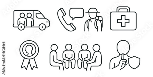 Line style icons of psychological outreach: mobile peer team, open line phone, field counselor, mental aid kit, referral badge, village circle, silent support, dignity first.