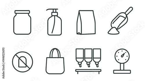 Line style icons of bulk and refill: glass jar, refill pump, paper bag, scoop bin, weigh scale, no-package icon, bring-your-own, zero-waste aisle.