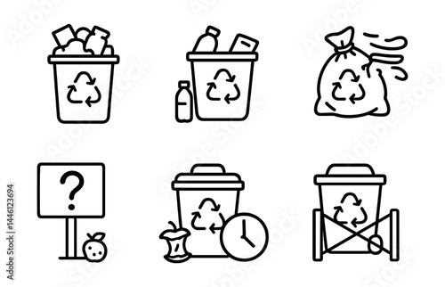 Line style icons of local recycling challenges: overfilled bin, misplaced items, windy spill, bagged recyclables, unclear sign, dirty waste, collection delay, closed access.