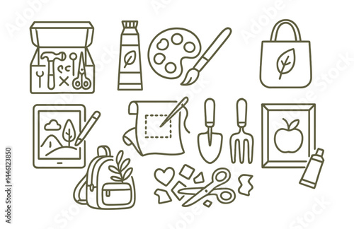 Line style icons of zero waste hobbies: DIY kit, natural paint, paperless sketch, upcycled fabric, garden tools reuse, nature walk bag, craft from scraps, no-waste art.