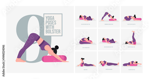yoga poses with Yoga Bolster. Young woman practicing Yoga pose. Woman workout fitness, aerobic and exercises. 