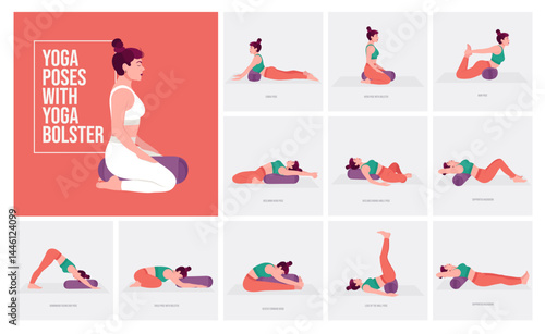 yoga poses with Yoga Bolster. Young woman practicing Yoga pose. Woman workout fitness, aerobic and exercises. 