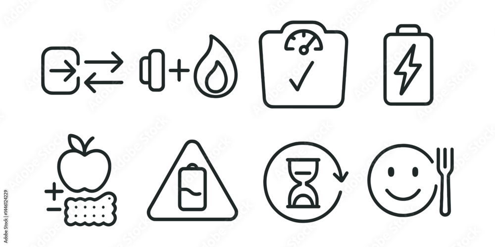 Line style icons of energy balance: input/output icon, training + calories line, hunger check scale, energy refill, snack adjustment symbol, low energy warning, fueling window, mood, food icon. Line style icons of energy balance: input/output icon, training + calories line, hunger check scale, energy refill, snack adjustment symbol, low energy warning, fueling window, mood, food icon.