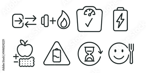 Line style icons of energy balance: input/output icon, training + calories line, hunger check scale, energy refill, snack adjustment symbol, low energy warning, fueling window, mood, food icon.