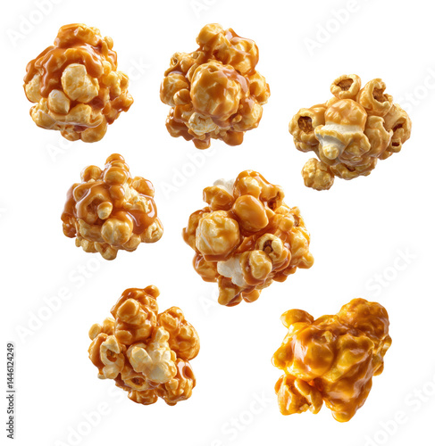 A Delicious Medley of Crunchy Caramel Popcorn Clusters Perfect for Movie Nights and Parties, Isolated on Transparent and White Background