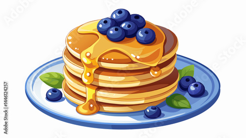 Soft pancakes tower high with a glossy honey drizzle.
Blueberries scattered like edible gems of color.
The simple white plate creates contrast and elegance.
Ideal for vector menus, recipe cards, or br