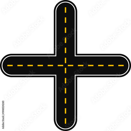 Two perpendicular streets with a dashed line as a signpost forming a traffic intersection