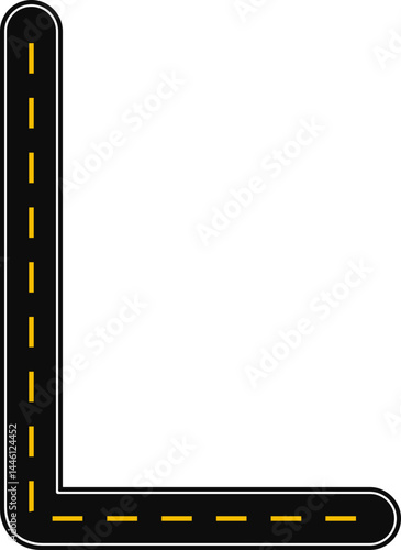 Curved graphic line, in the shape of a paved street with dashed line as surface marking for traffic signage on the road, forming the letter L of the alphabet