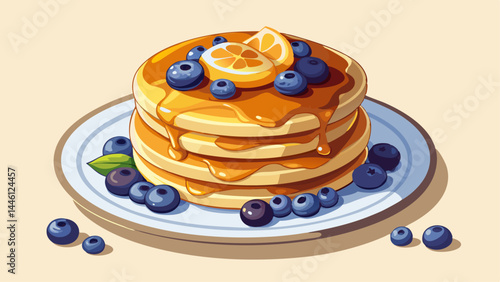 Soft pancakes tower high with a glossy honey drizzle.
Blueberries scattered like edible gems of color.
The simple white plate creates contrast and elegance.
Ideal for vector menus, recipe cards, or br
