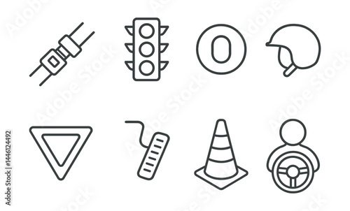 Line style icons of road safety: seatbelt icon, traffic light, speed limit, helmet sign, yield symbol, brake pedal, hazard cone, safe drive icon.