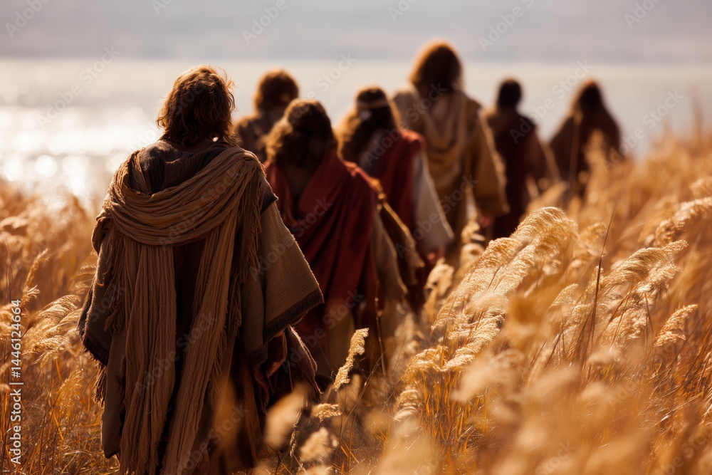 Jesus leads disciples, golden autumn meadow