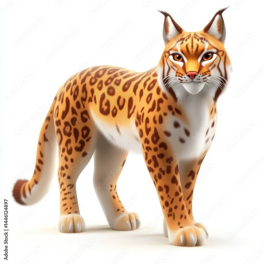 Fototapeta premium Cartoon illustration of a majestic lynx against a white backdrop.
