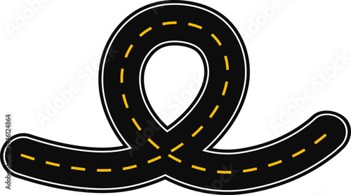 Sinuous graphite trace, resembling a paved street with dashed line as surface marking for traffic signage on the road, featuring a single, swirl.