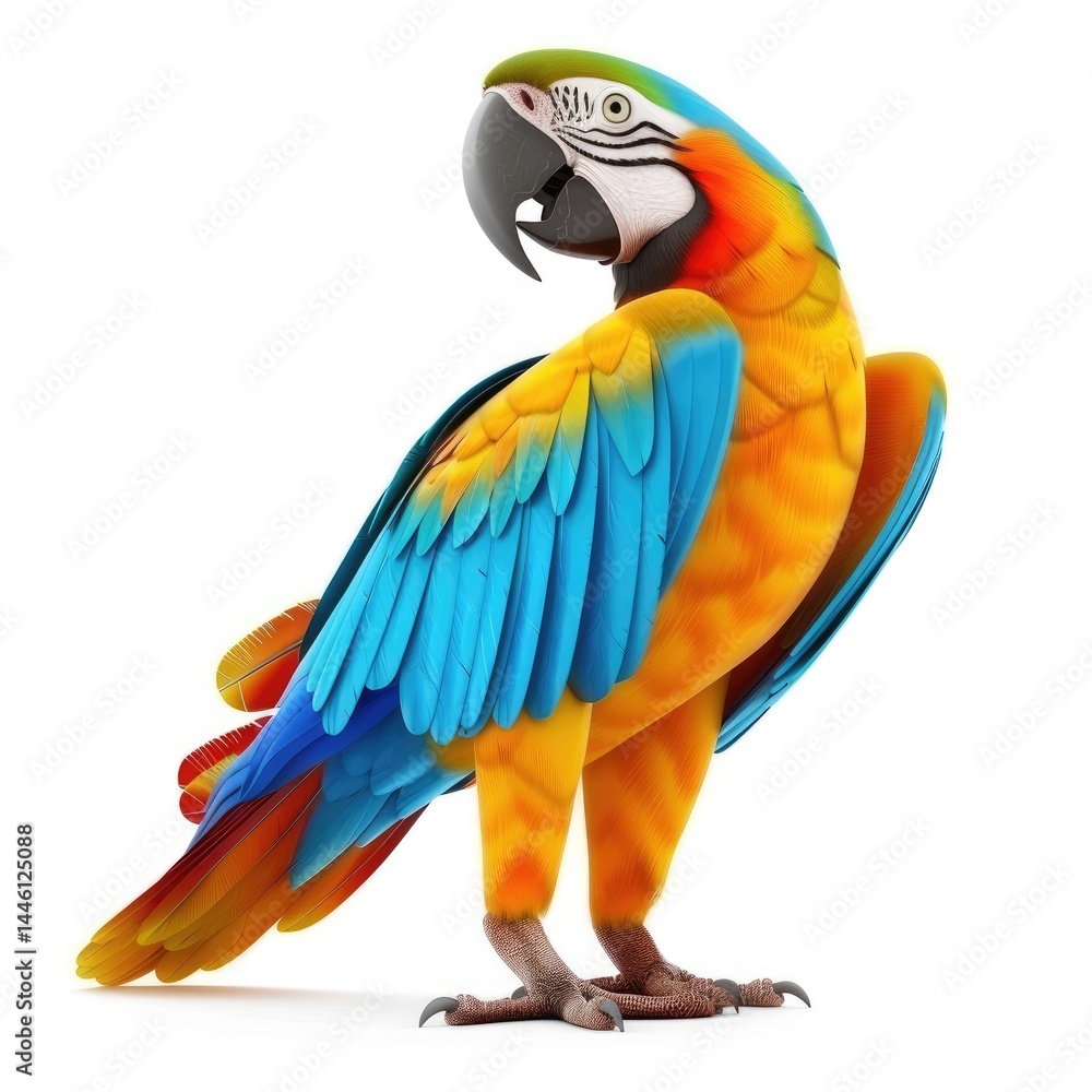 Fototapeta premium Vibrant macaw, angled portrait against a white background.