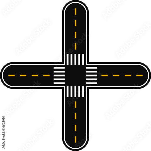 Two perpendicular streets with a dashed line as a signpost and crosswalk forming a traffic intersection