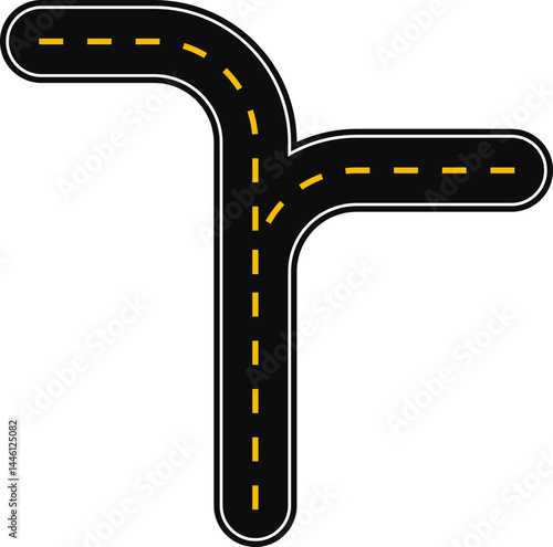 Straight street with a dashed line on the asphalt as signage and two forking streets at the end