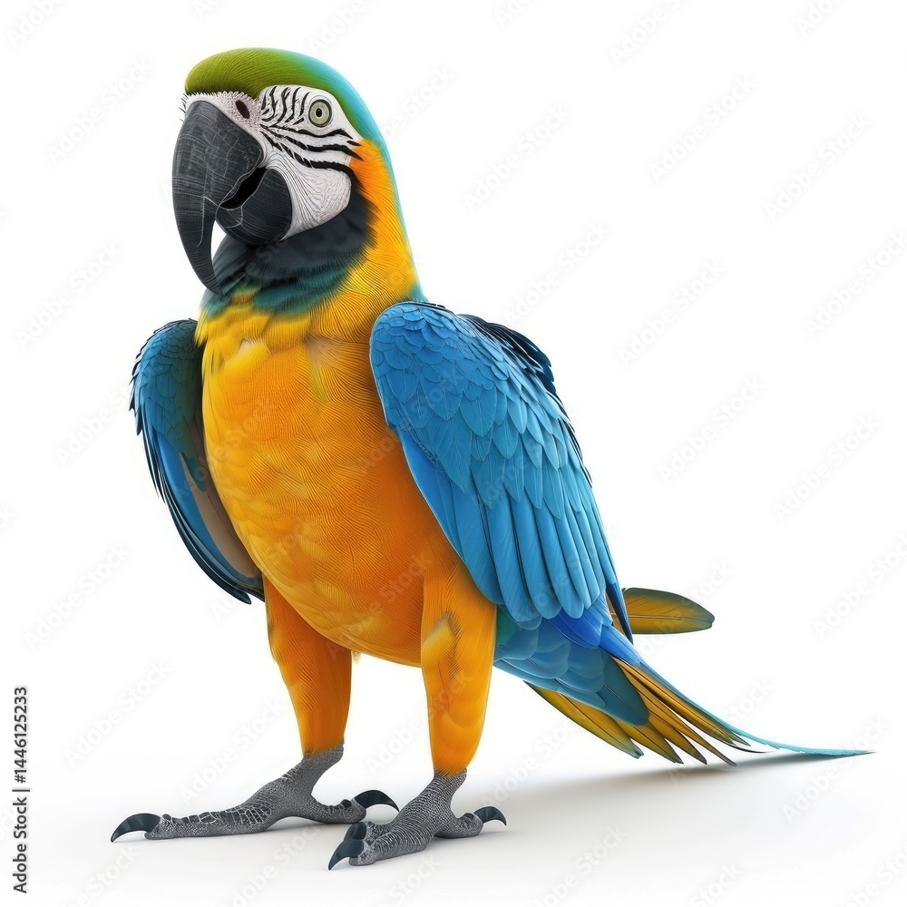 Fototapeta premium Vibrant blue and yellow macaw stands proudly against a white background.