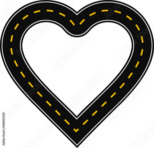 Curved graphic path, shaped like a paved street with dashed line as surface marking for traffic signage on the road, with a heart-shaped path