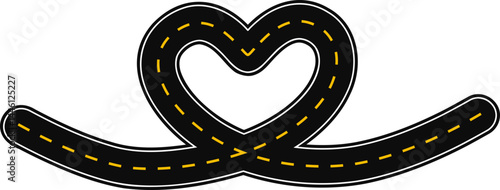 Curved graphic path, shaped like a paved street with dashed line as surface marking for traffic signage on the road, with a heart-shaped loop loop